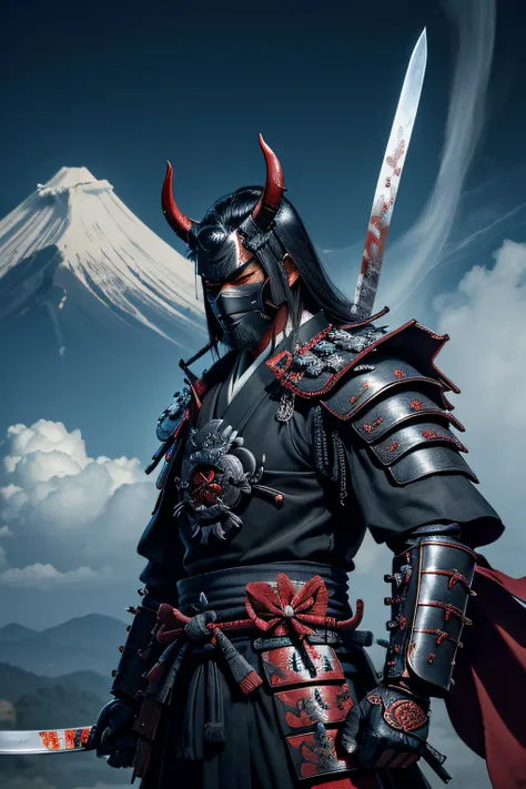 (demon samurai)、(Demon Mask)、独奏、Like the whole body、(Armed with a long and large Japan sword)、facing front,magnificent artwork、((Kyoto panel painting style))、Wind-effect:1.9、Cloud Effects:1.2、Blue and black armor、Full Rendering、Encaustic Painting、unrealeng...