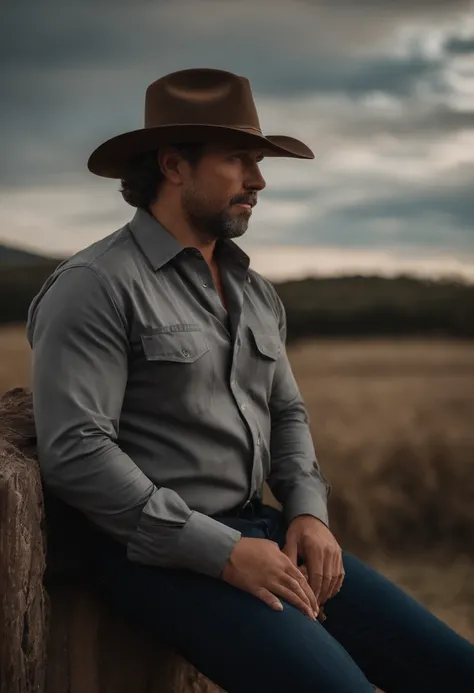 Homem 35 anos, olhos castanhos escuro e rosto triangular, cabelos castanhos levemente ondulado, Wearing an agronomist-style hat, Wearing a grey long sleeve shirt and jeans and ankle boots