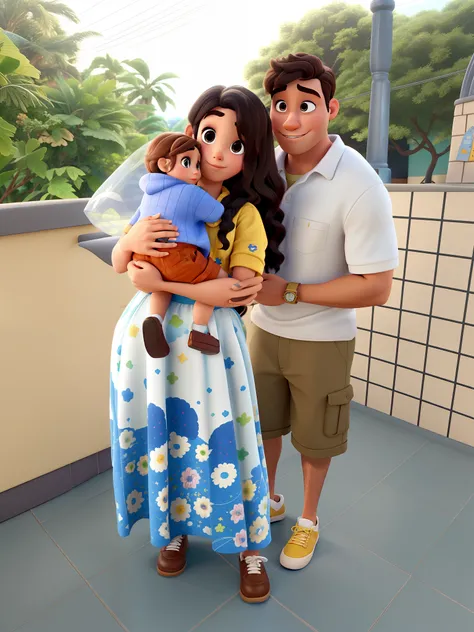 Um homem, um menino, uma mulher e uma gatinha cinza no estilo Disney pixar, alta qualidade, melhor qualidade