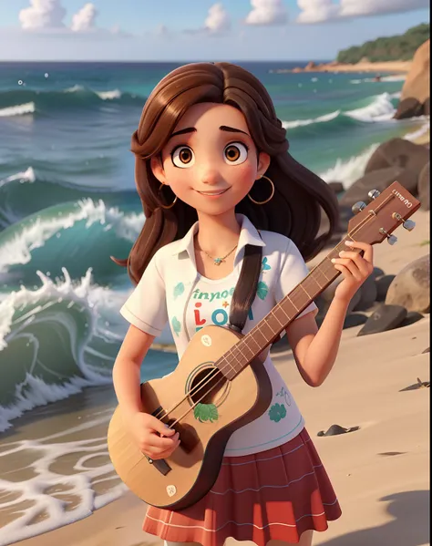 uma jovem morena de cabelo ondulado tocando ukulele em frente ao mar