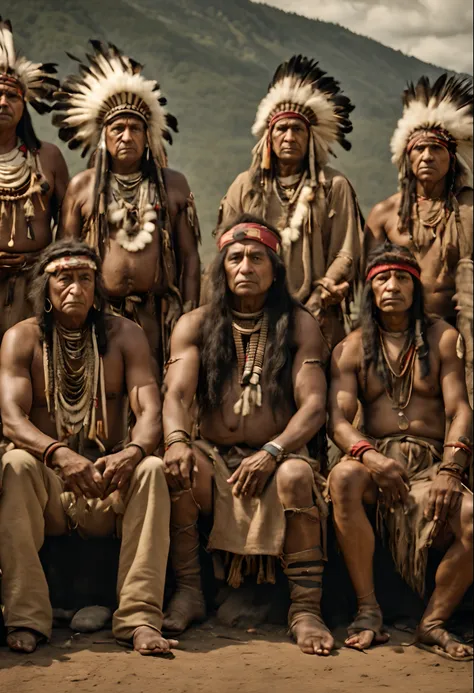 masterpiece, best quality, A group of Americas most famous Indian tribes are gathered looking at the camera, shot from afar, serious face, realistic, looks real, cinematic, scrathes, full body, face expression clear