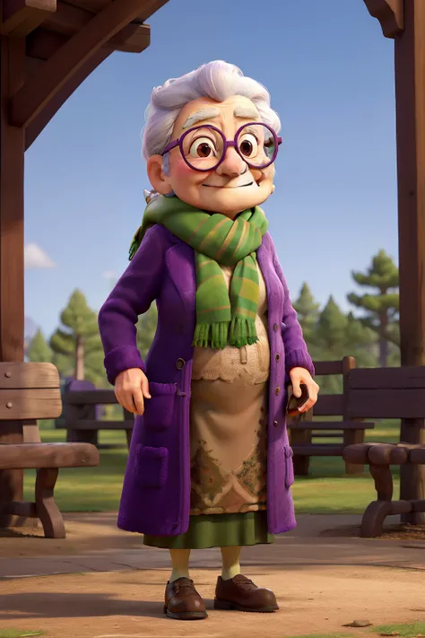 masterpiece, best quality, an old woman with glasses and a scarf on, wearing a purple coat and green scarf, standing at the park