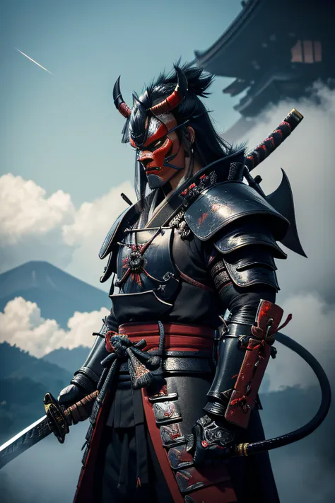 (demon samurai)、(Demon Mask)、独奏、Like the whole body、(Armed with a long and large Japan sword)、facing front,magnificent artwork、((Kyoto panel painting style))、Wind-effect:1.9、Cloud Effects:1.2、Blue and black armor、Full Rendering、Encaustic Painting、unrealeng...