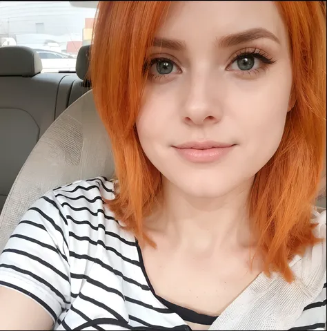 Estilo pixar de uma mulher com cabelos ruivos e camisa listrada em um carro, orange hair, mais conhecido como Amouranth, Amouranth, cabelo laranja brilhante, jovem Amouranth bonito, Ela tem longos cabelos castanhos alaranjados, ela tem cabelos ruivos, com ...