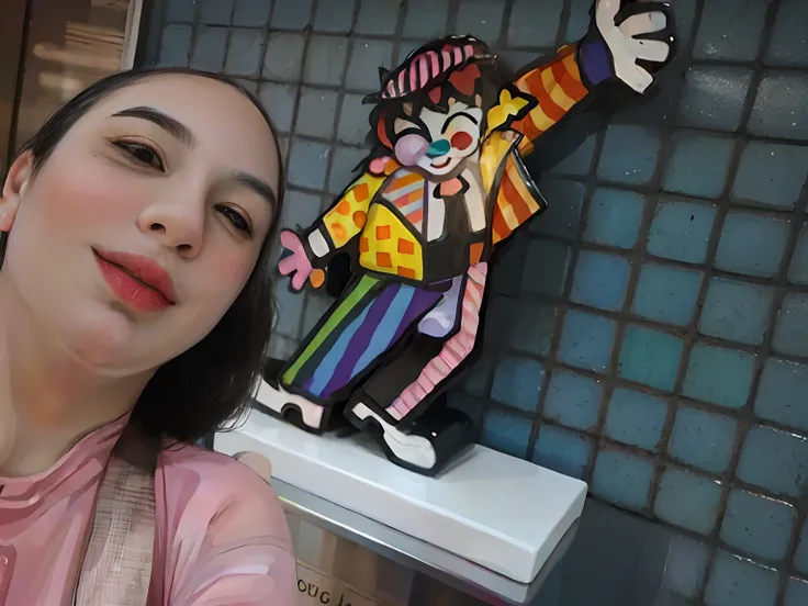 Smiling woman in pink shirt next to a colorful statue, Directed by: Romero Britto, inspirado em Romero Britto, the clown is far from the camera, cutecore clown, Tomado com Sony Alpha 9, In Sao Paulo, 🔞🤡, Capturado no iPhone, inspirado em Howard Arkley, em ...