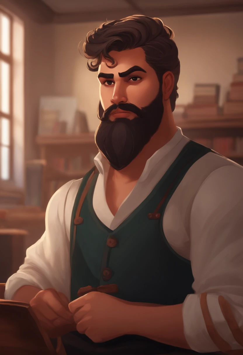 personagem dos desenhos animados Criar um homem alto, 22 years old chubby with short hair and beard in black color without glasses History teacher in classroom with his students