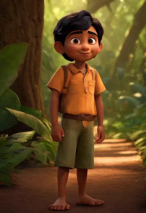 Menino indiano bonito de 15 anos na selva da Pixar, with Japanese eyes.