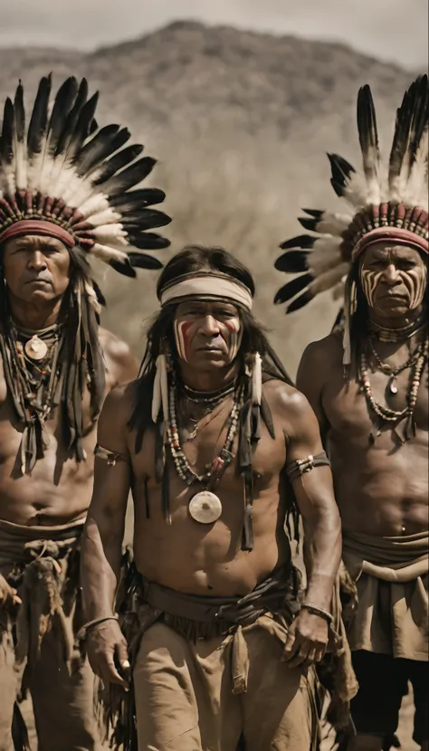 masterpiece, best quality, a group of Apache tribes, showing a spirit of courage and high fighting spirit, shot from afar, serious face, realistic, looks real, cinematic, scrathes, full body, face expression clear