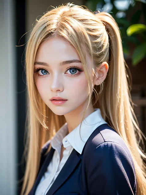 portlate、School Uniforms、bright expression、poneyTail、Young shiny shiny white shiny skin、Best Looks、Blonde reflected light、Blonde hair with dazzling highlights、shiny light hair,、Super long silky straight hair、Beautiful bangs that shine、Glowing crystal clear...