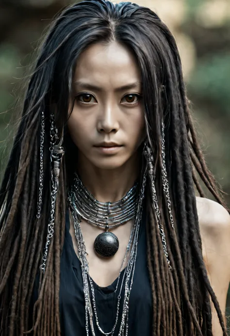 close up portrait photography, beautiful japanese female with very long black dreadlocks and loose hair, long beautiful slender elegant confident fine lined face, beautiful big brown eyes, elegant fine thin silver face chains accessories, fantasy tribal gl...