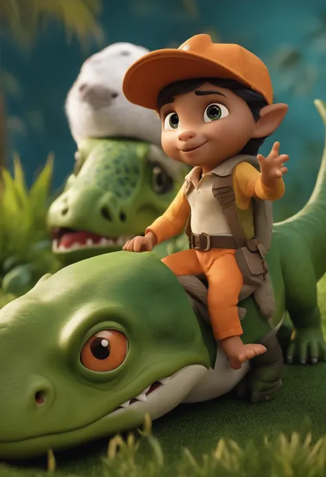 Um garotinho coma cabelos loiros, olhos azuis, Dinosaur Outfit and Dinosaur Cap, com um gato preto e branco sentado ao lado, On a lawn backdrop, estilo pixar, alta qualidade