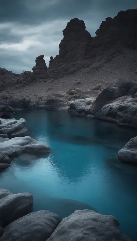 a blue lagoon with arid rocks, gray color a trail, hyper realistic 8k, ultra hd, cinematic style.