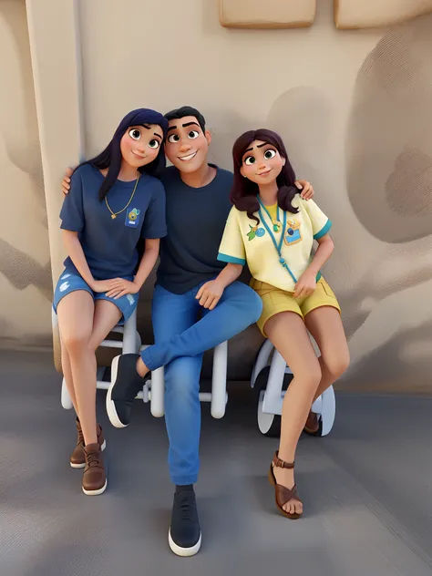 Pai e suas duas filhas sentados estilo Disney pixar, alta qualidade, melhor qualidade