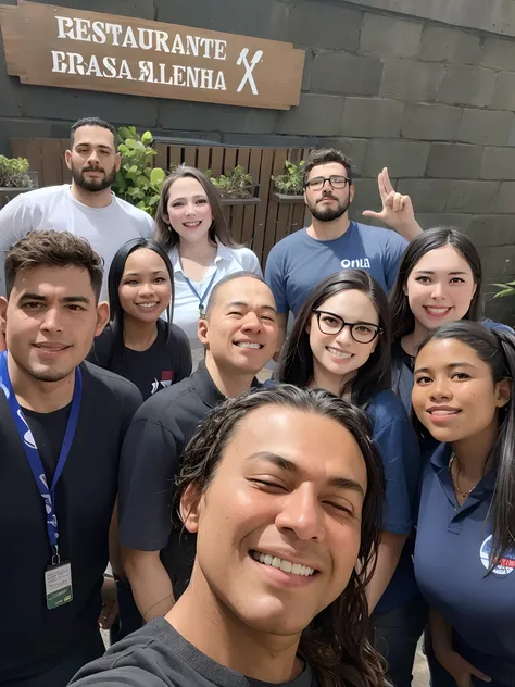 grupo sorridente de pessoas posando para uma foto em frente a um restaurante, In Sao Paulo, foto de grupo, Malika Favre, Directed by: Nandor Soldier, São Paulo, Equipe completa, foto do snapchat, artista desconhecido, Tiro no iPhone 1 3 Pro, Directed by: E...