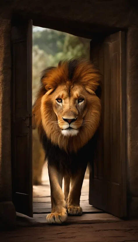 The lion who had been dressed stood at the door