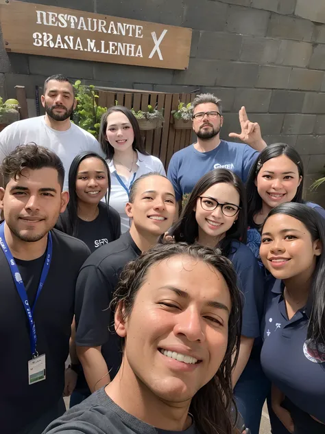 grupo sorridente de pessoas posando para uma foto em frente a um restaurante, In Sao Paulo, foto de grupo, Malika Favre, Directed by: Nandor Soldier, São Paulo, Equipe completa, foto do snapchat, artista desconhecido, Tiro no iPhone 1 3 Pro, Directed by: E...