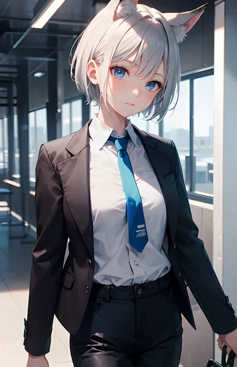 ​masterpiece,Top image quality,hight resolution,imagem 4k,Raw photo,Photorealsitic,{Solo},teens girl,silber hair,Bery short hair,stare at each other,Blue eyes,小柄,Silver fox ears,Fox tail,Black pants,White shirt,neck tie,boyish,Suits,jaket,,,,