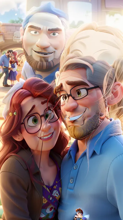 romantic couple, igual aos filmes Disney Pixar cabelos marrons, mulher cabelo cacheado rosto redondo olho mais claro, Man round face beard and cap