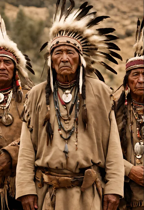 masterpiece, best quality, a group of former Mescalero tribes, shot from afar, serious face, realistic, looks real, cinematic, scrathes, full body, face expression clear