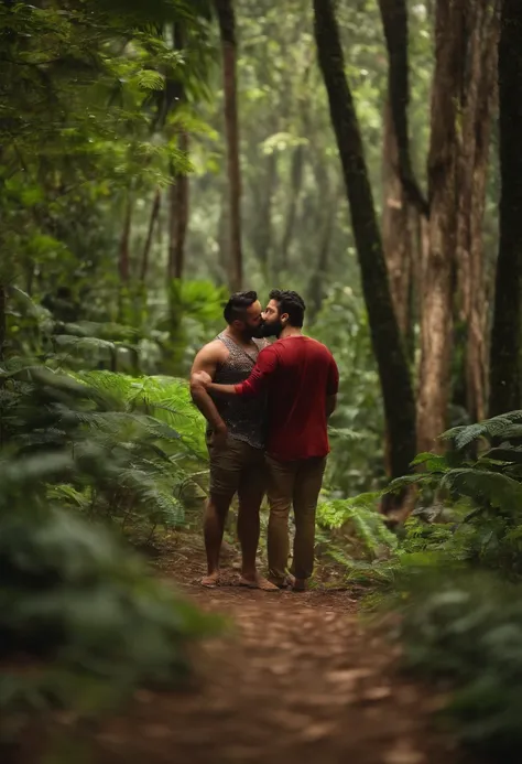 Theres two men kissing in the woods, beijando juntos fofos, em uma floresta tropical, em uma selva, na selva, na selva, beijos juntos, em um ambiente de selva, em frente a um fundo de floresta, casal se beijando, na floresta da selva, in front of an amazin...