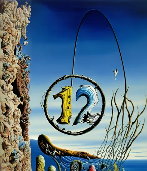 pintura de um peixe e uma placa com uma vara de pesca, por Dali, pintura surrealista, em estilo de salvador dali, inspirado em Rodney Matthews, Salvador Dali Pintura, inspirado em Dali, pintura de surrealismo, inspirado em Salvador Dali, Directed by: Salva...