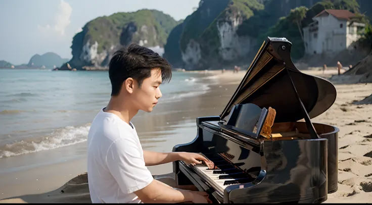 A Vietnamese guy with a layered hairstyle playing the piano on a wide beach