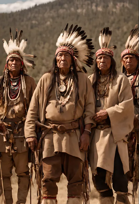 masterpiece, best quality, a group of former Mescalero tribes, shot from afar, serious face, realistic, looks real, cinematic, scrathes, full body, face expression clear