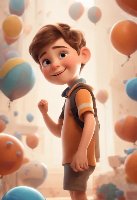 a happy cute kid standing short hair, vestindo uma fantasia espacial, , fundo branco, barnet, Tom, Estilo Pixar, ....3d, desenhos animados, rosto detalhado, asymmetrical 16k