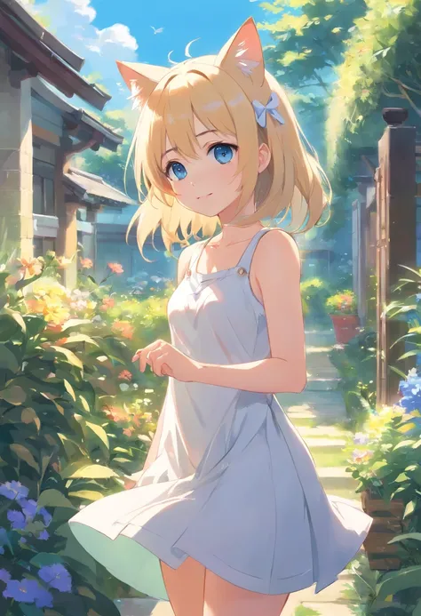 Cat-eared girl in white dress standing in garden, BREAK，Blonde long hair，blue eyes，(((Sleeveless))), smil，Pull up your skirt to show your panties，loli in dress, small curvy loli, artwork in the style of guweiz, guweiz on pixiv artstation, guweiz on artstat...