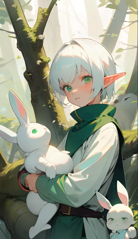 1 elf boy, little boy , white hair, short hair, green eyes, bangs, winter forests, holding a small white bunny in arms