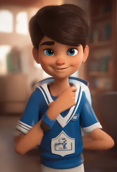 Menino 10 anos, olhos castanhos, cabelos loiros, estilo pixar, jogando video game, com uniforme da escola azul marinho escrito RC,