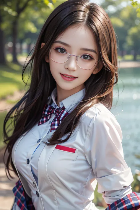 ((High school girl walking in a park by the lake))、((Uniform white blazer))、((Translucent white blouse、red bowtie、Dark blue checked skirt)). 40k, Photography, masutepiece, Best Quality, dark grey background, ((1 Gorgeous bright-haired girl with beautiful e...