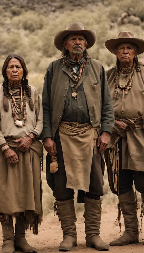 masterpiece, best quality, a group of American Chiricahua people, shot from afar, serious face, realistic, looks real, cinematic, scrathes, full body, face expression clear