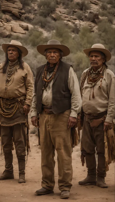 masterpiece, best quality, a group of American Chiricahua people, shot from afar, serious face, realistic, looks real, cinematic, scrathes, full body, face expression clear