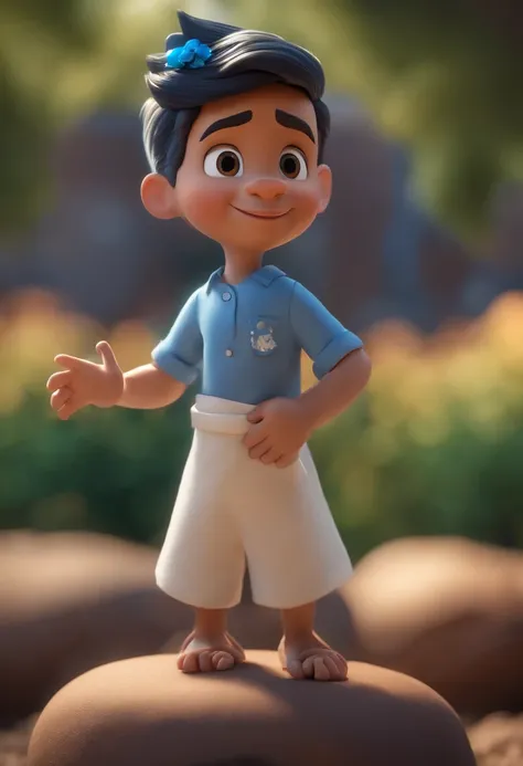 Garoto, estilo disney, tom de pele: claro:  Cabelo: marrom escuro, liso, curto, penteado para o lado direito. camisa: social, Cor azul. Fundo: Gray and white gradient,Comemorando, Hands raised, sorrindo, feliz, (estilo pixar) (obra-prima:1.2) (bokeh) (melh...