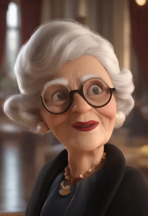 Cartoon character of a blonde woman wearing black glasses and a granny next to 100 years old, um personagem animado, Caractere estilizado 3D, personagem de desenho animaso(Estilo Pixar) (best quality) (pele detalhada) (textura detalhada) (8k) (Cinematic li...