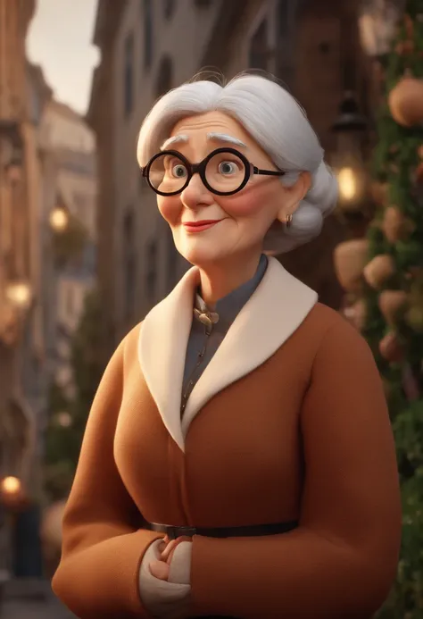 Cartoon character of a blonde woman wearing black glasses and a granny next to 100 years old, um personagem animado, Caractere estilizado 3D, personagem de desenho animaso(Estilo Pixar) (best quality) (pele detalhada) (textura detalhada) (8k) (Cinematic li...