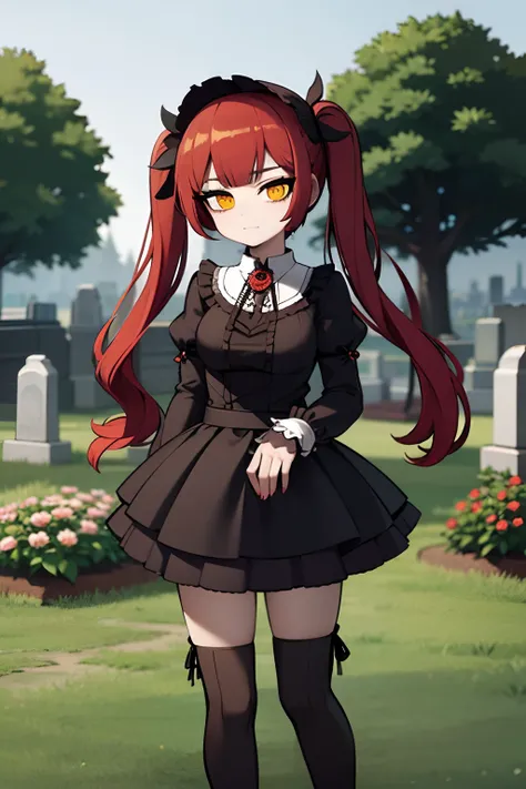 young woman, red hair, yellow eyes, black dress, twintails, black boots, gothic lolita, goth, white flowers in scenerie, 4k, in a cemetery, 4k, cloudy time, grey sky, looking at viewer, mannequins behind,