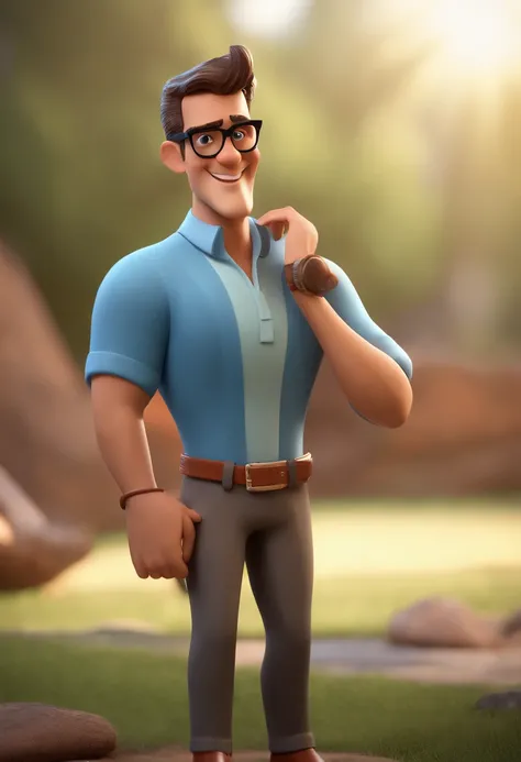 Cartoon character of a man with black glasses and a blue shirt, animation character, Caractere estilizado, animation style rendering, 3D estilizado, Arnold Maya render, 3 d render stylized, toon render keyshot, Personagem 3D, Personagem 3D, 3d rendering st...