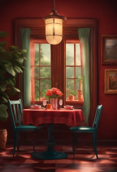 Pixar 3D style drawing of a romantic diner table