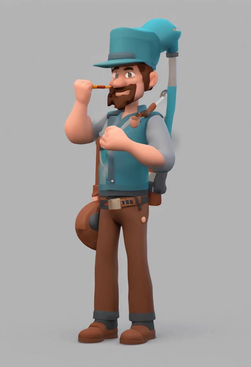 Personaje de dibujos animados de un hombre decaspecto indu, piel oscura, tes morena, pero cortito, con barbilla y bigote y una camisa azul, with a fishing rod animation character, stylized character, Rendering animation styles, 3D estilizado, Arnold Maya r...