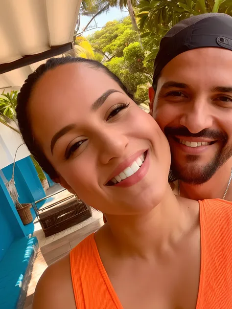 casal sorridente em regata laranja e bandana posando para uma foto, imagem de perfil, Karla Ortiz, Mulher de 30 anos de Cuba, Malika Favre, taken in the early 2020s, andrea rocha, foto do perfil, imagem do avatar, Fotografia tirada em 2 0 2 0, Marischa Bec...