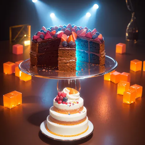 Cake methyl orange solution station，Stereo equidistance，starlights，Cake Tyndall effect，Light and shadow intensification，Cake modeling，Four-dimensional model，Virtual Engine，Cake rendering，Studio lighting，The light shines，fantasy atmosphere，The cake is brigh...