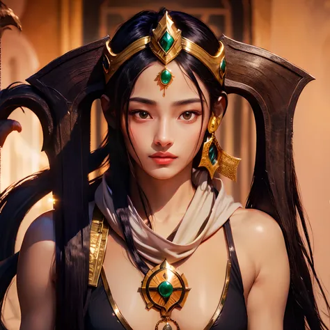 masterpiece, best quality, long black straight hair, arabian style clothes, golden crown with jade, white scarf on neck, gauntlet, boomerang weapon, desert