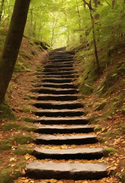 Close-up of stone steps in the forest that have fallen to the ground, Beautiful fece, Steps, 400 steps, stairway to heaven, stairs, Falling Magic Leaves, by Kanō Tanyū, 🕹️ 😎 🚬, stairs from hell to heaven, aomori japan, amazing composition, steps leading do...