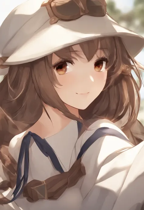 1girl, Ryuujou (Kancolle), sozinho, brown hair, Caudas duplas, olhos castanhos, Visualizador principal, Magatama, boca aberta, aeronave, sorrir, plane, fundo branco, Roupas japonesas, fundo simples, Kariginu, parte superior do corpo, cabelos longos