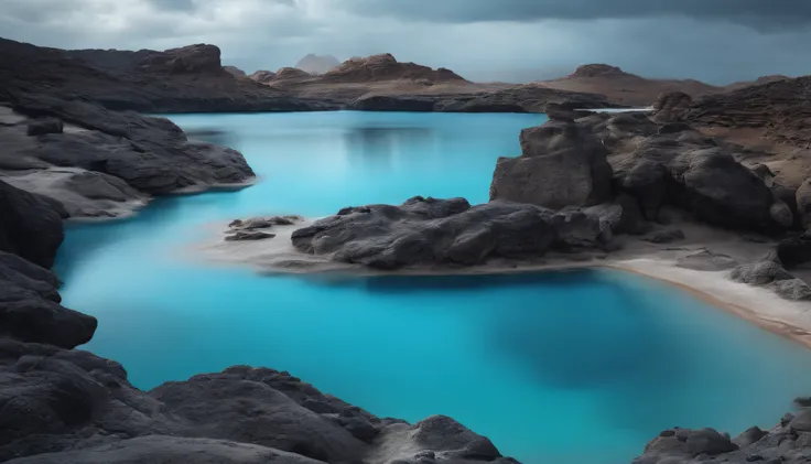 a blue lagoon with arid rocks, gray color a trail, hyper realistic 8k, ultra hd, cinematic style.