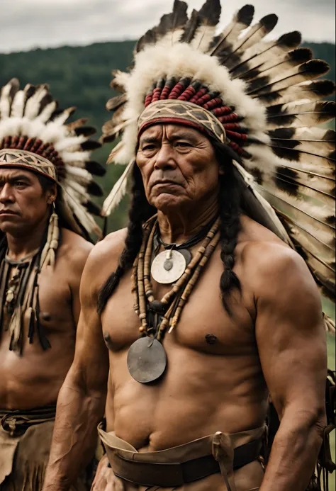 masterpiece, best quality, a group of American cherokee tribes, shot from afar, serious face, realistic, looks real, cinematic, scrathes, full body, face expression clear