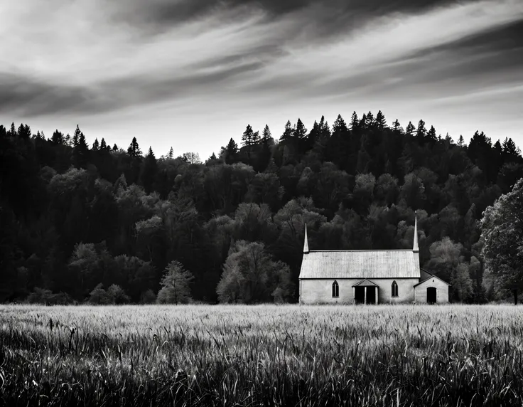 in style of Anton Corbijn, stunning natural landscape, church