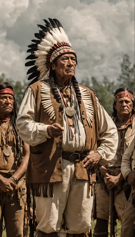 masterpiece, best quality, A group of American Cherokees with one man as chief, giving a speech to a large group of Cherokees, shot from afar, serious face, realistic, looks real, cinematic, scrathes, full body, face expression clear